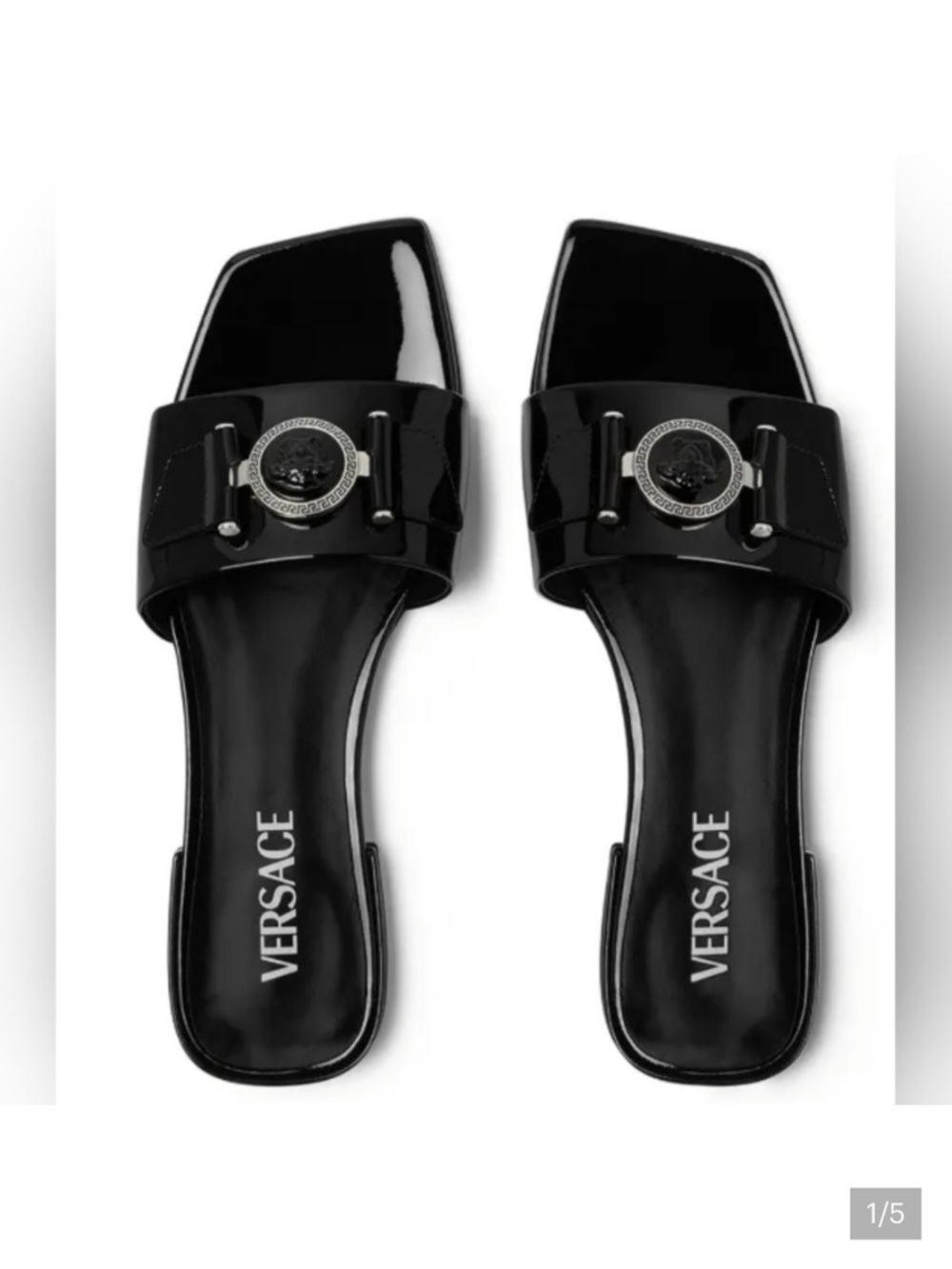 Versace Black Patent Square-Toe Slide Mules with Medusa Coin Size 40 (9)